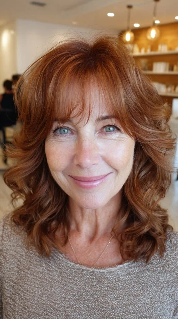 Copper Face-Framing Butterfly Lob with Gentle Feathered Bangs