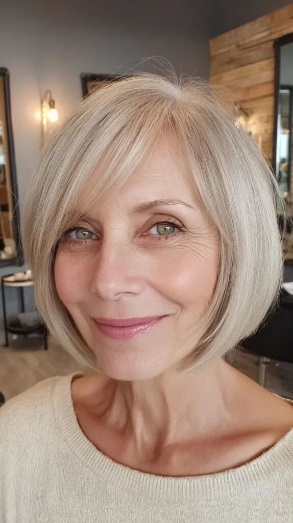 Creamy Silver Chin-Length Blunt Bob with Face-Framing Taper