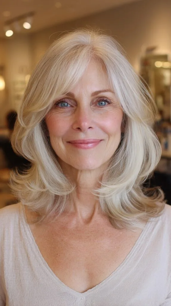Creamy Silver Mid-Length Butterfly Lob with Flipped Ends