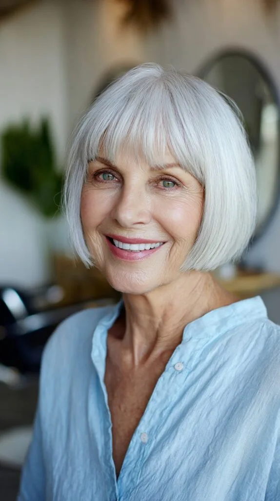Crisp Chin-Length One-Length Silver Bob with Blunt Micro-Fringe