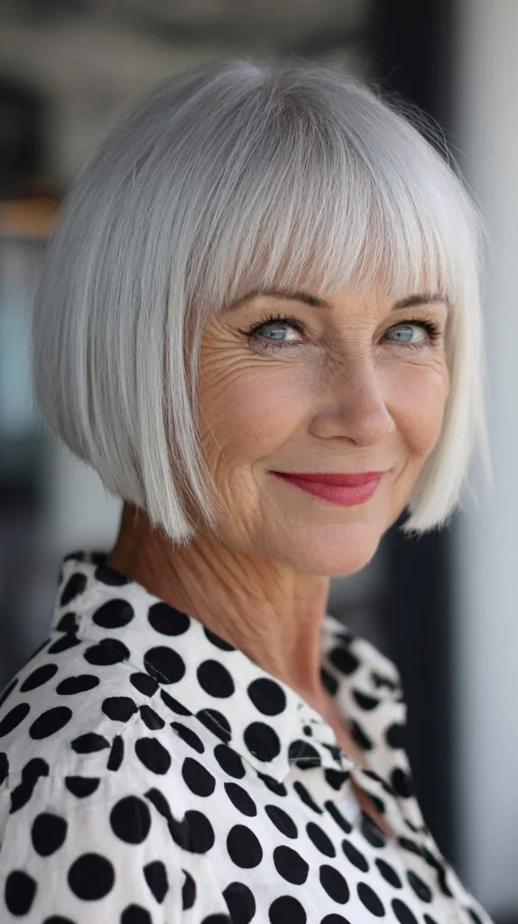 Crisp Silver Blunt Bob with Micro Fringe