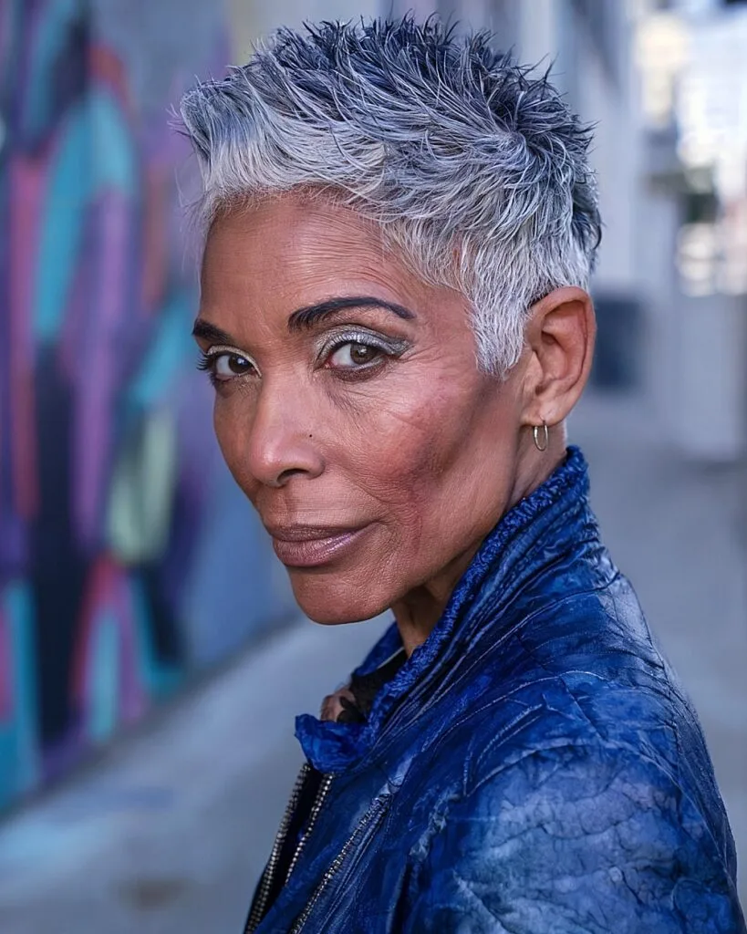 Cropped pixie with dark roots and icy grey tips for dramatic short hair over 60