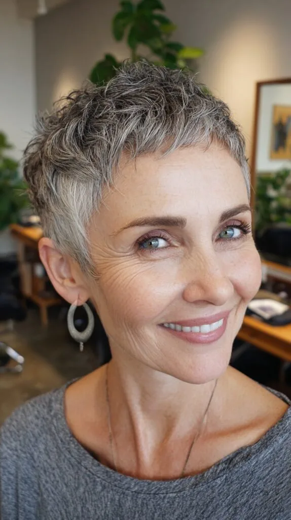 Cropped Salt-and-Pepper Pixie with Razor-Cut Texture