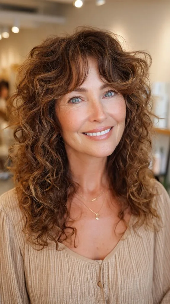 Curly Curtain Bangs with Sculpted Mid-Length Layers