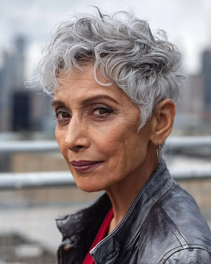 Curly grey pixie cut with tapered sides for edgy style over 60