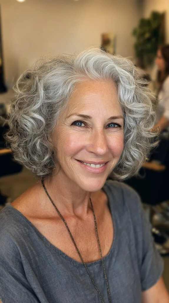 Curly Silver Chin-Length One-Length Bob with Deep Side Swoop
