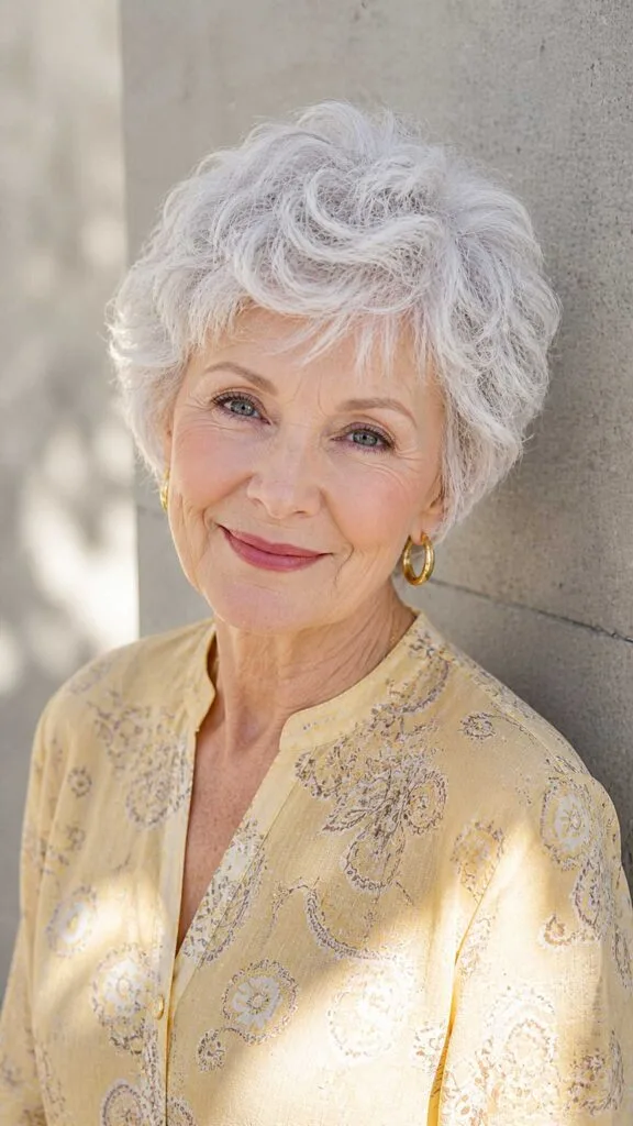 Curly silver pixie with natural volume and texture