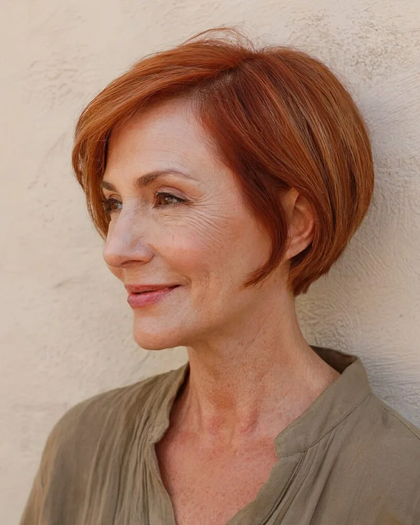 Curved auburn pixie bob for women over 60 with sleek contouring and face-framing pieces