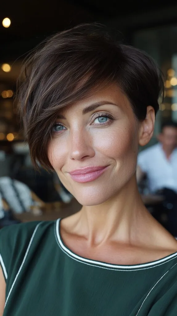 Dark Chestnut Swooped Pixie with Subtle Highlights