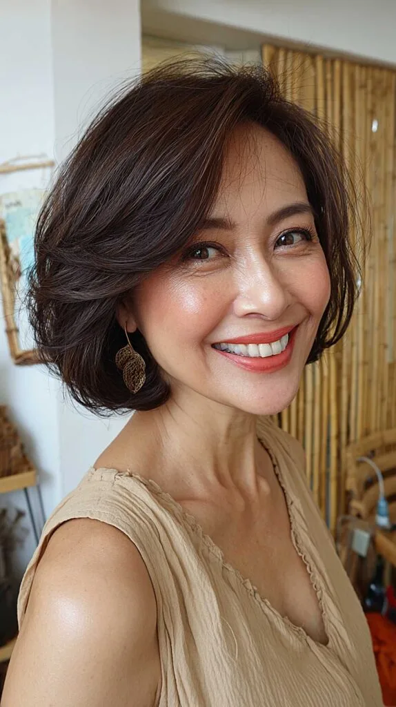 Dark chocolate layered bob with side-swept volume