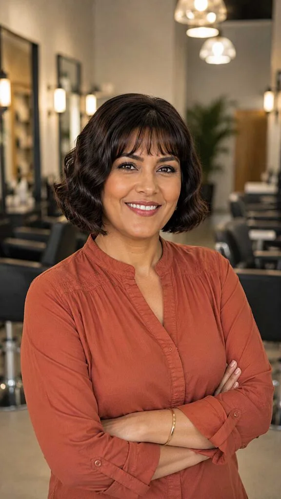 Dark Chocolate Wavy Bob with Feathered Bangs