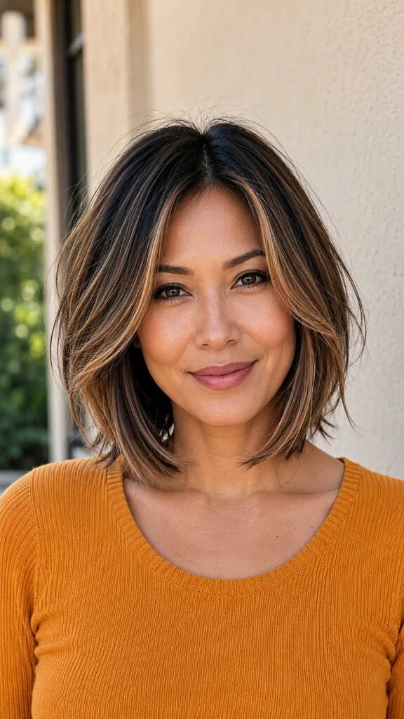 Dark-Rooted Layered Lob with Honey Blonde Balayage