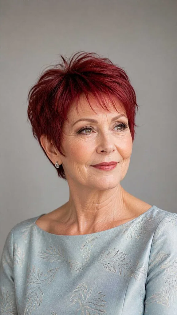 Deep Cranberry Red Pixie Cut with Textured Fringe