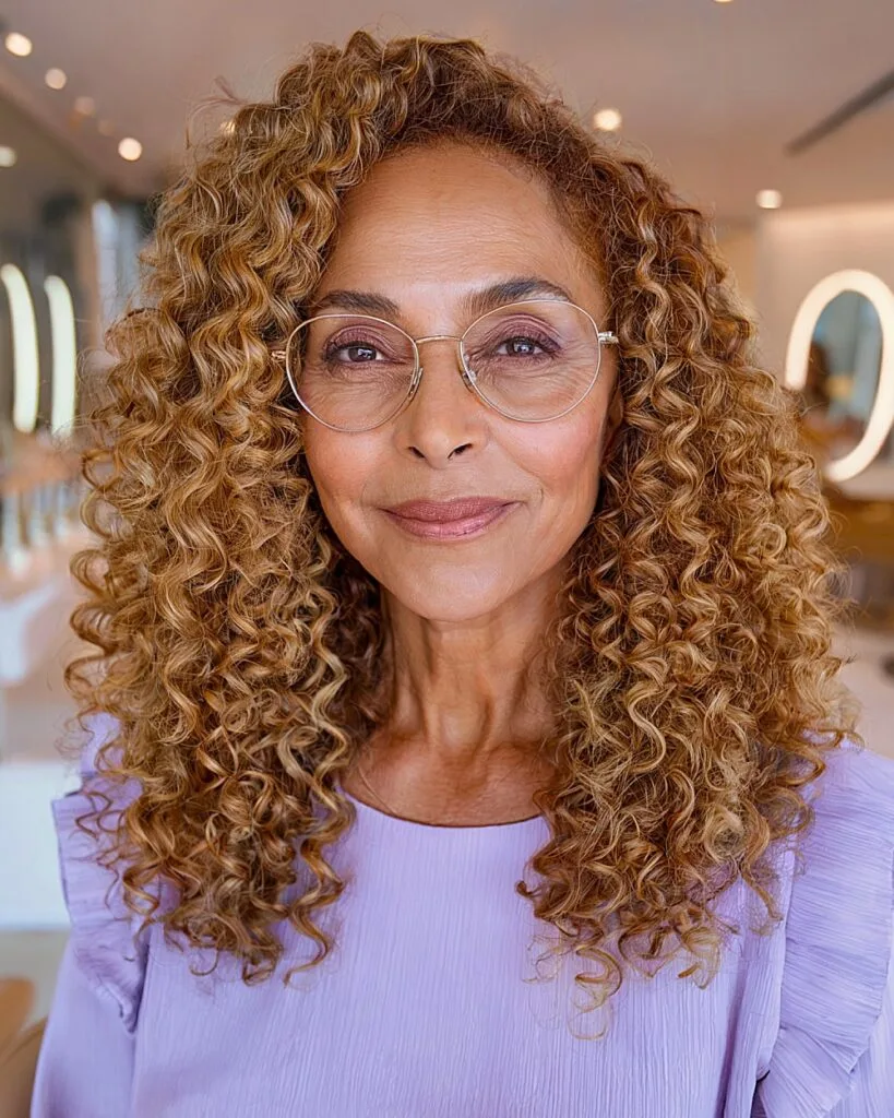 Defined spiral curls with medium layers for women over 50 with light brown curly hair