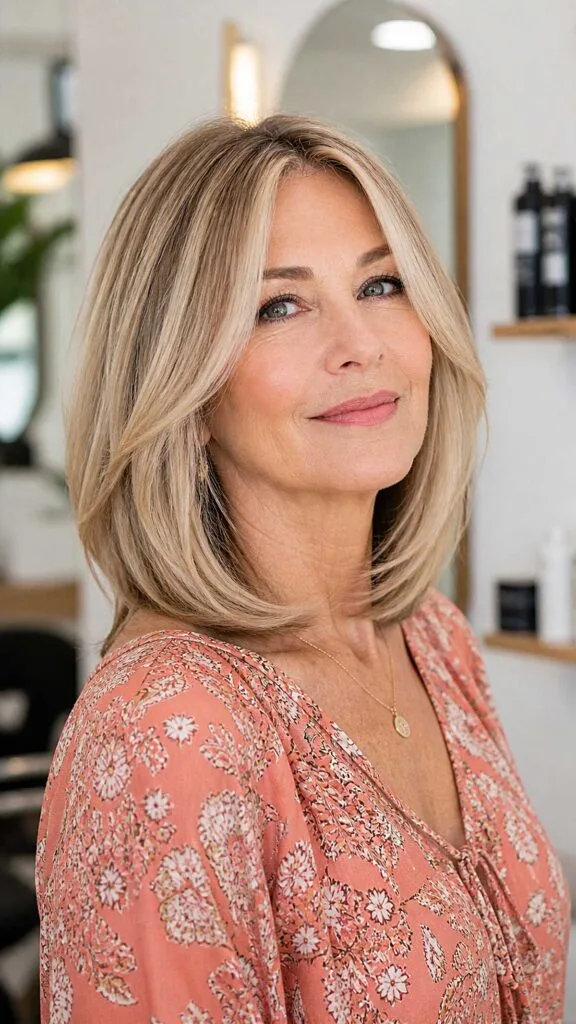 Dimensional blonde lob with soft curtain-parted layers