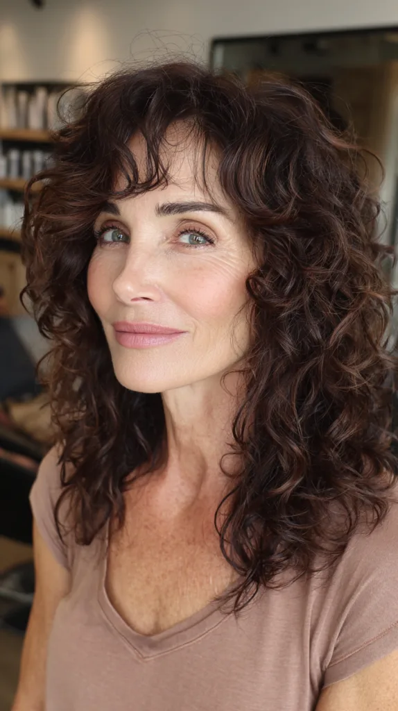 Dynamic Curly Layered Brunette with Face-Framing Bangs