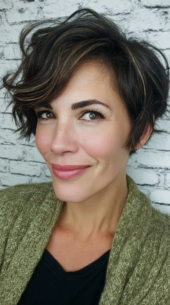 Dynamic Deep Side-Parted Brunette Pixie