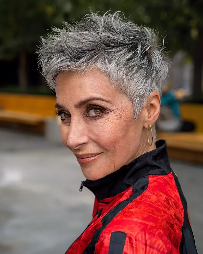 Edgy textured grey pixie cut with tousled volume for women over 60