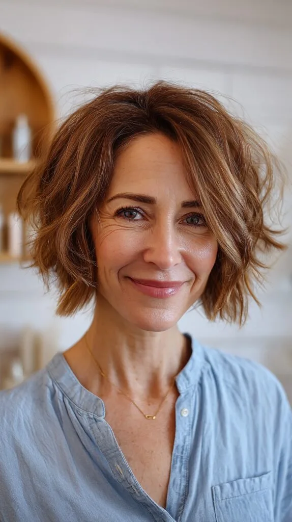 Effervescent Cinnamon Wavy Bob with Subtle Highlights