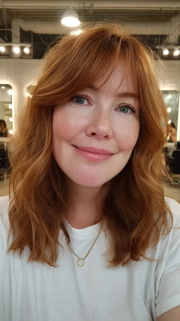 Effortless Red Curtain Bangs with Textured Shoulder-Length Waves
