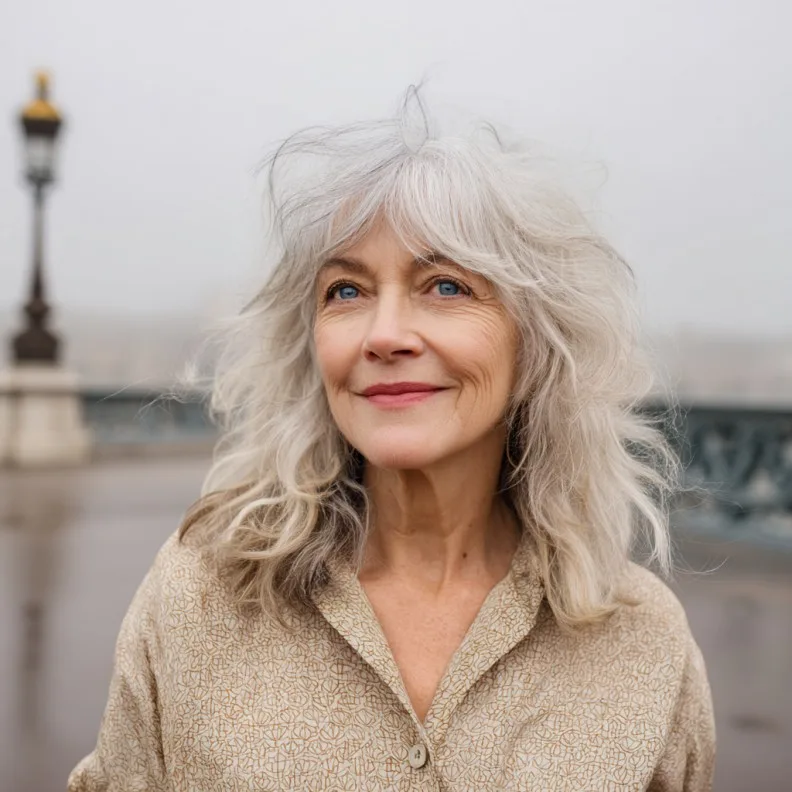 Effortless Textured Waves with Brow-Skimming Bangs