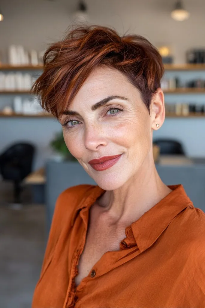 Effortlessly Textured Pixie Cut with Rich Auburn Highlights