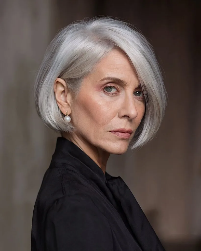 Elegant angled bob haircut for older women with icy silver hair and deep side part