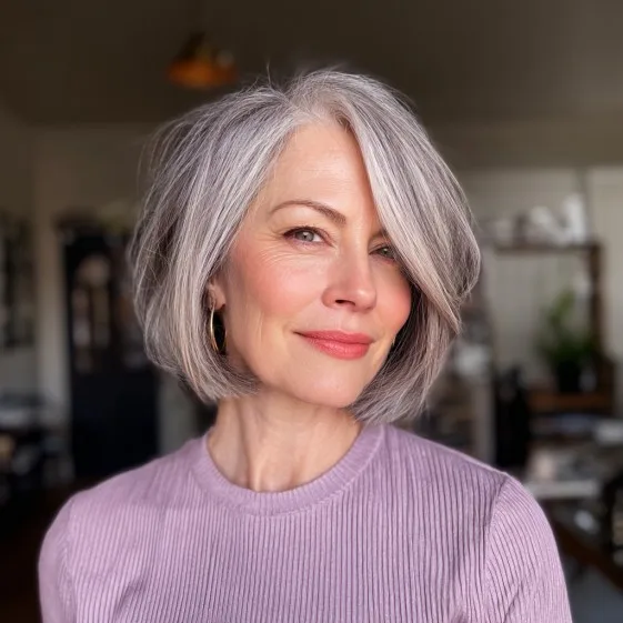 Elegant Asymmetrical Grey Lob with Soft Balayage