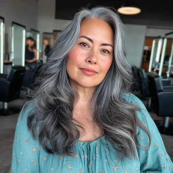 Elegant Long Grey Waves with Subtle Balayage
