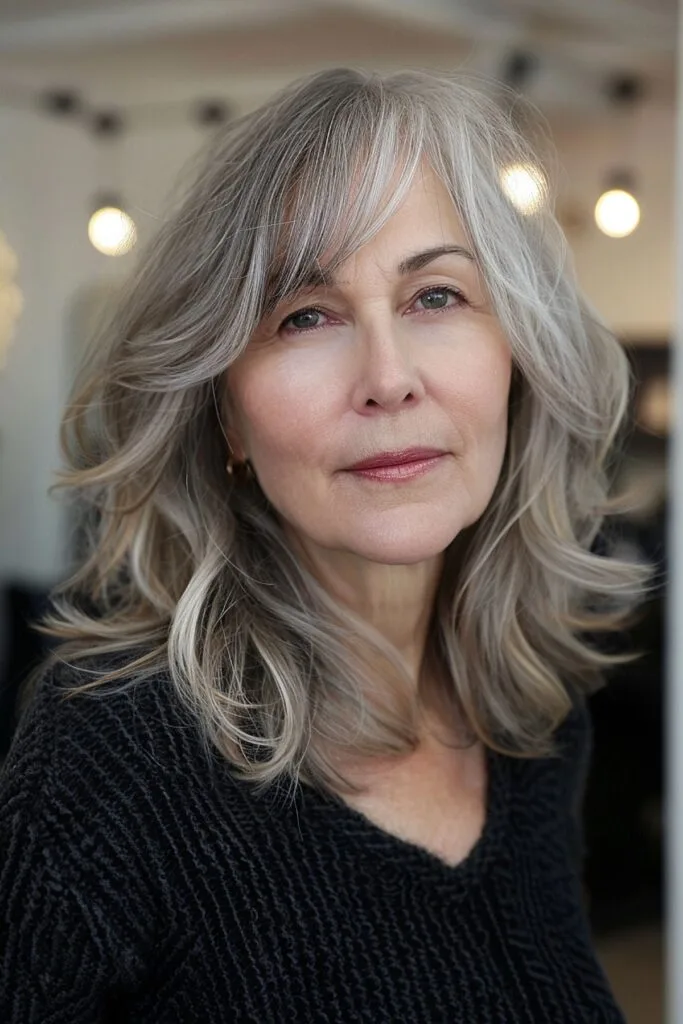 Elegant Mid-Length Cut Featuring a Side Part for women 60 and up