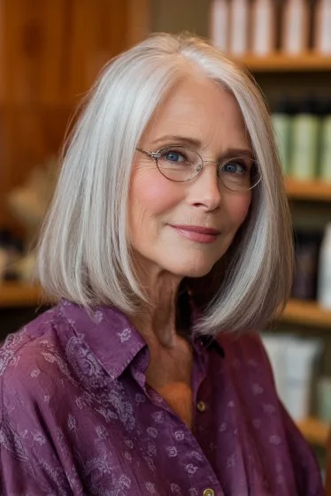 Elegant Silver Long Bob with Subtle Face-Framing Layers