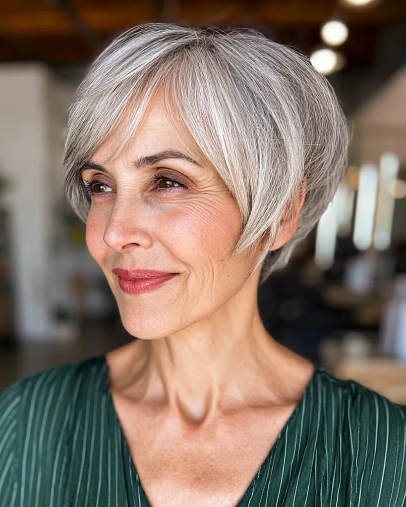 Elegant silver pixie bob with side-swept layers on a woman over 60