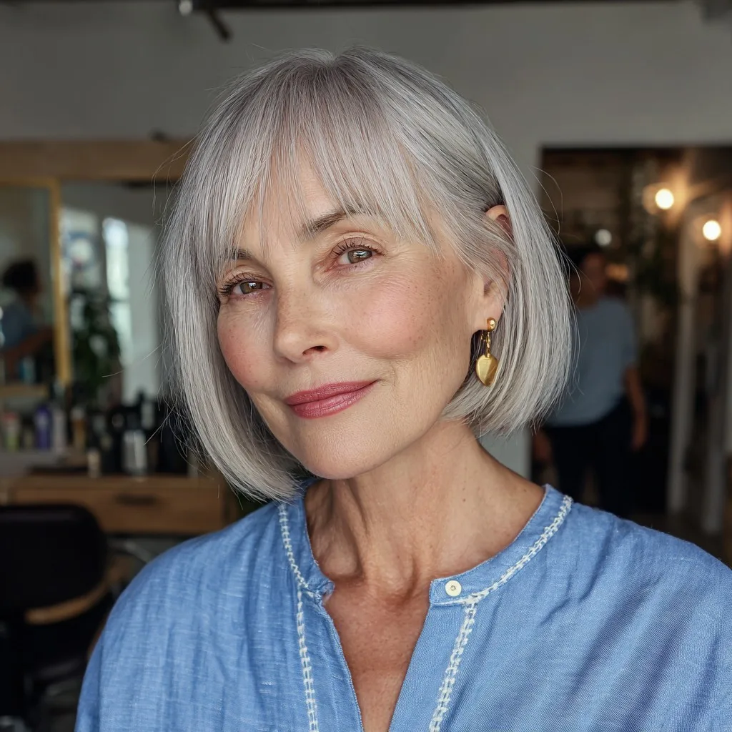 Elegant Silvery One-Length Bob with Soft Face-Framing Layers