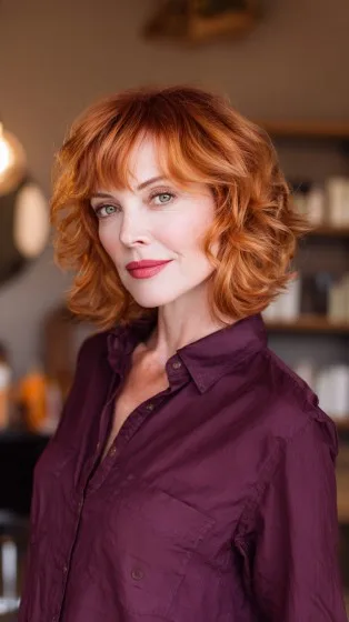 Elegant Textured Red Bob with Soft Curls