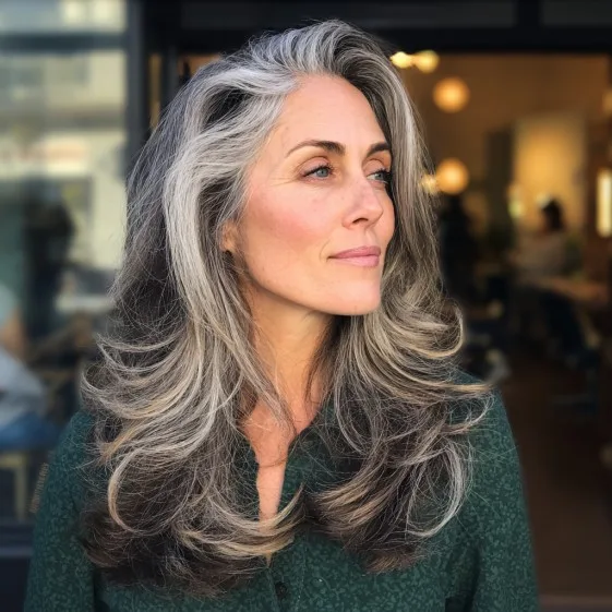 Elegant Voluminous Grey Layers with Subtle Balayage