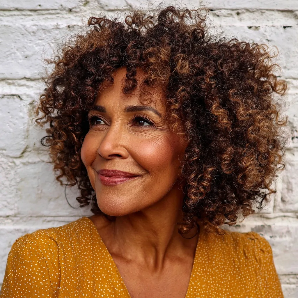 Elegant Warm Brown Curly Bob with Luminous Highlights