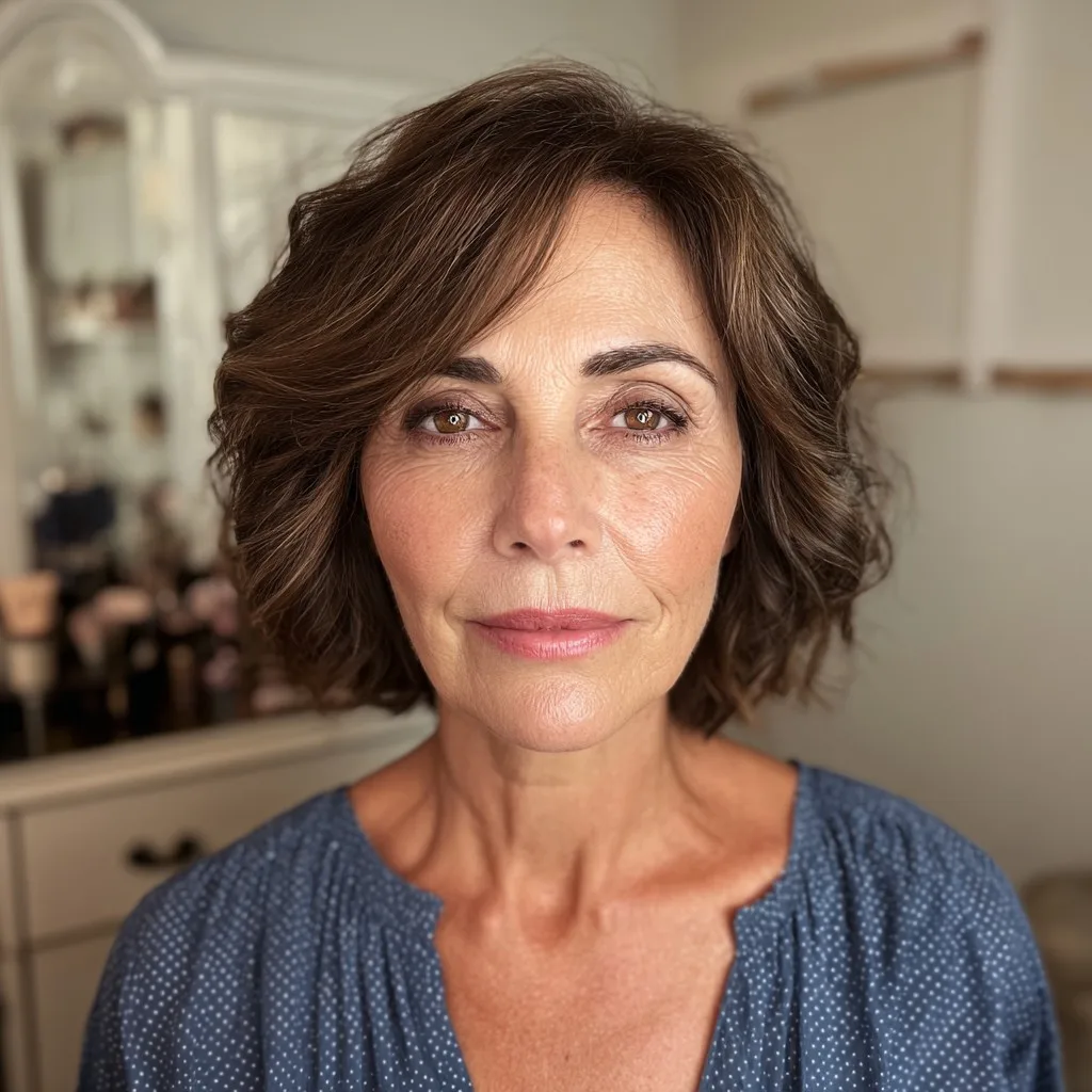 Elegant Warm Brown Curly Lob with Subtle Layers