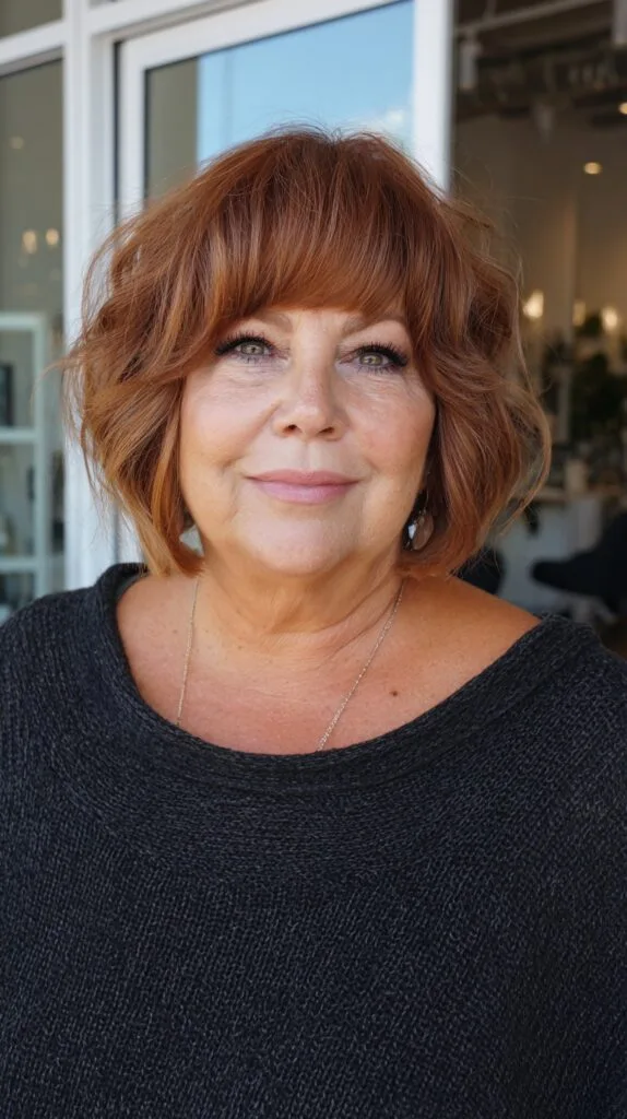Feathered Auburn Chin-Length Bob with Blended Full Fringe