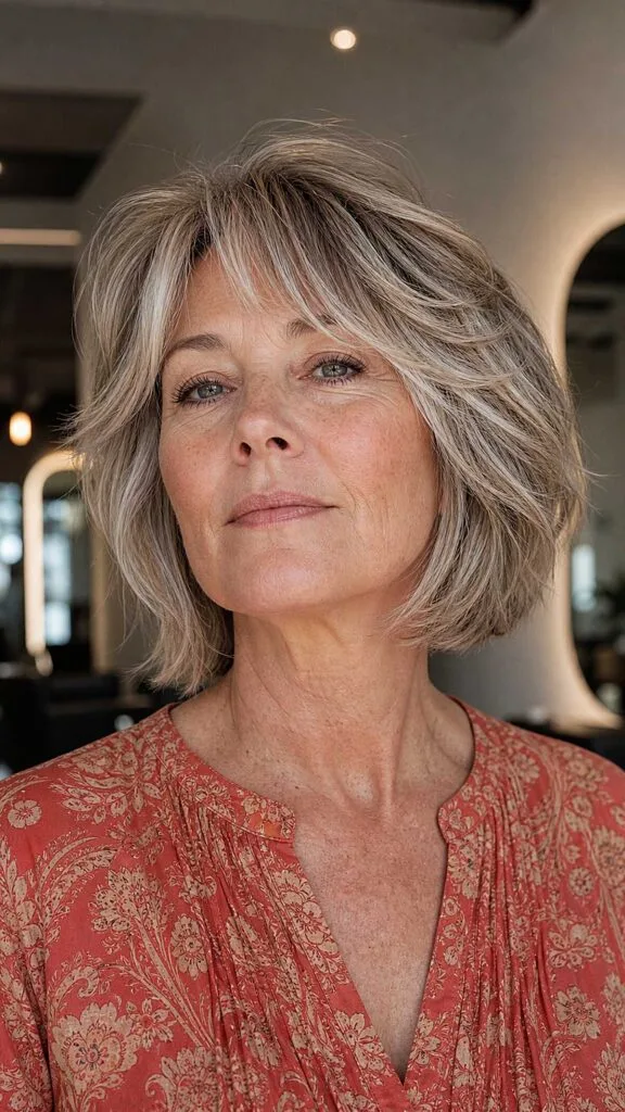 Feathered chin-length sandy blonde bob with bangs