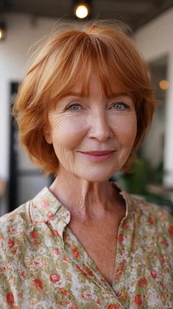 Feathered Copper Short Bob with Wispy Curtain Fringe