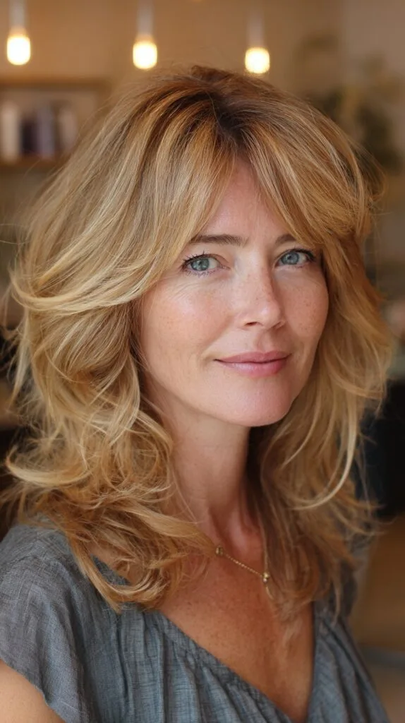 Feathered Golden Curtain Fringe with Root Shadow and Face-Framing Layers