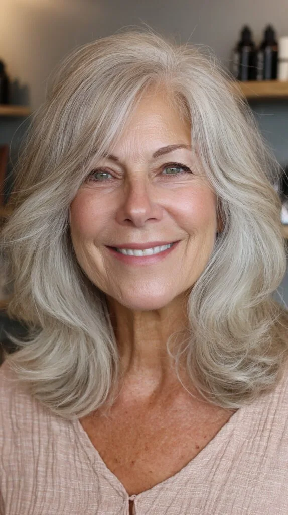 Feathered Mid-Length Silver Cut with Face-Framing Curtain and Crown Lift