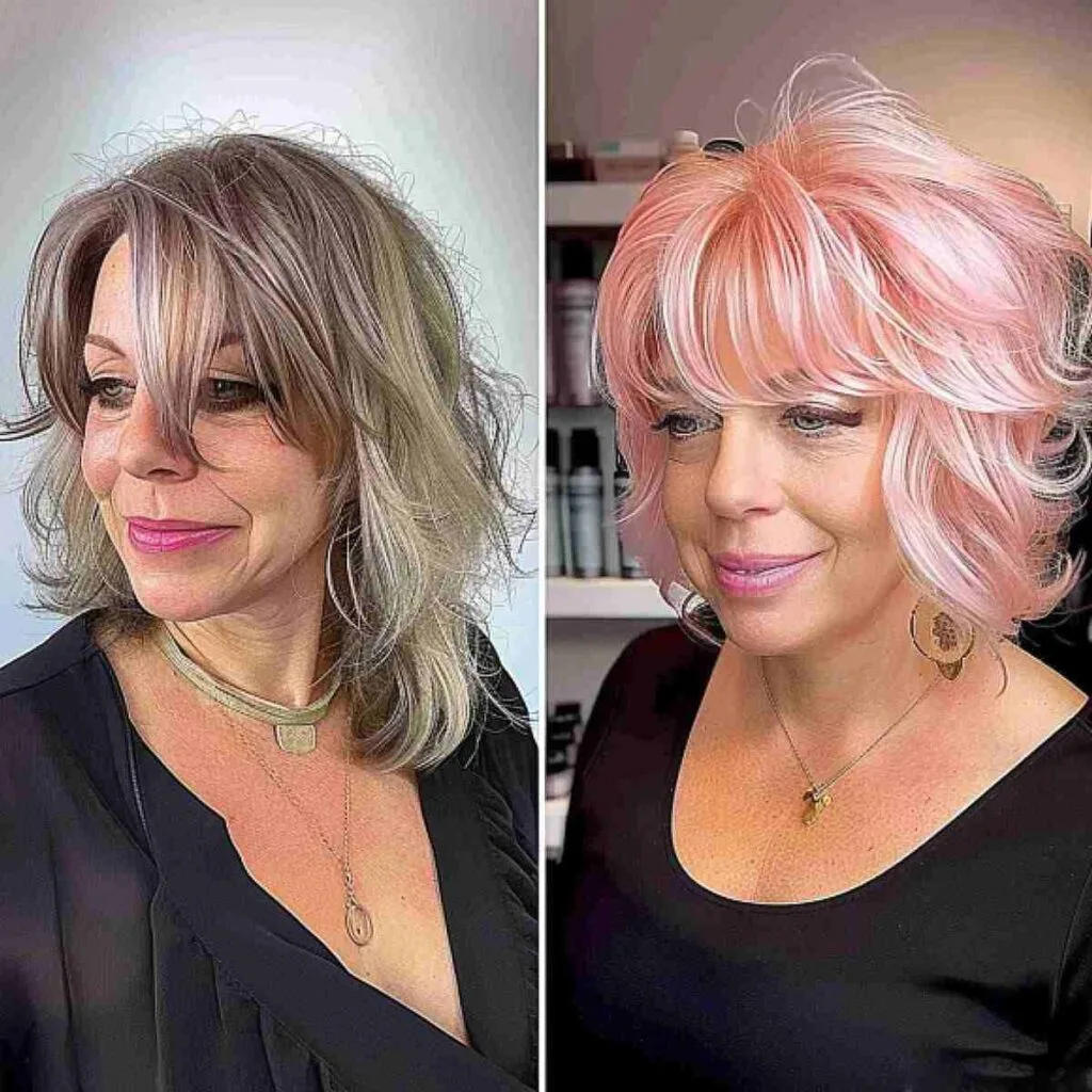 Feathered Pink Bob Hairstyle for Women in their 40s
