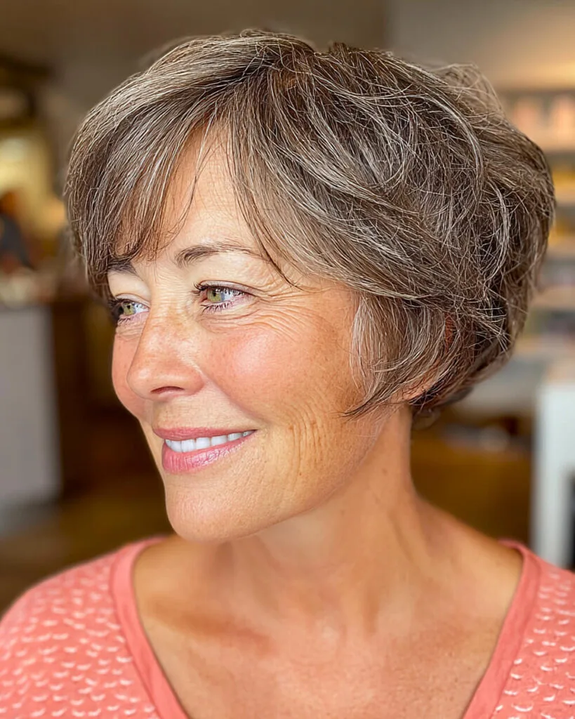 Feathered pixie bob with natural gray highlights for older women