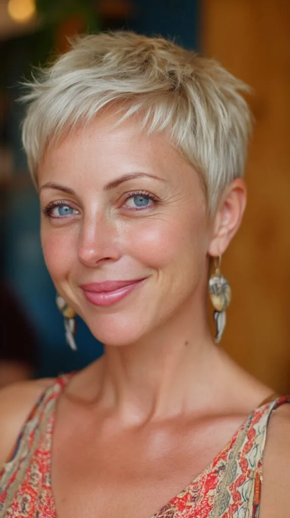 Feathered Platinum Pixie with Tapered Nape and Micro Fringe