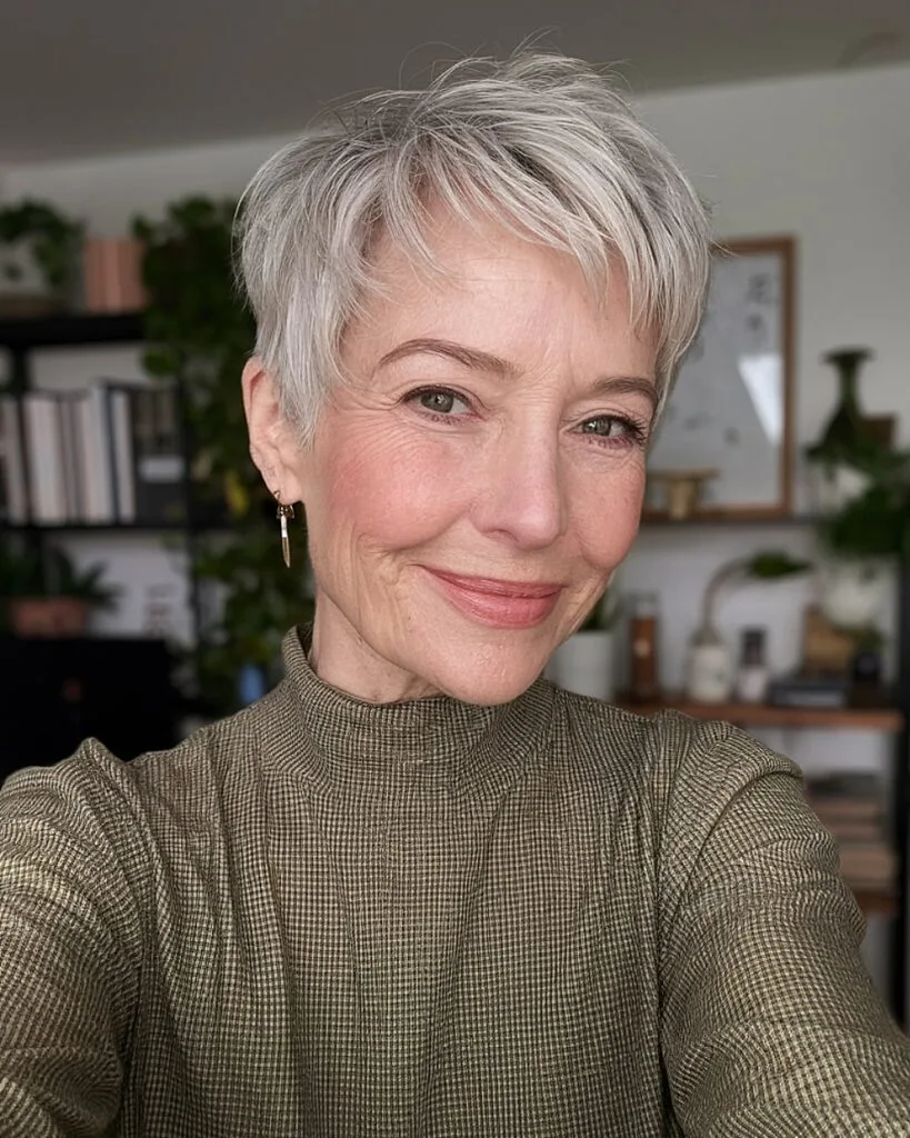 Feathered short grey pixie haircut with crown lift for fine hair over 60