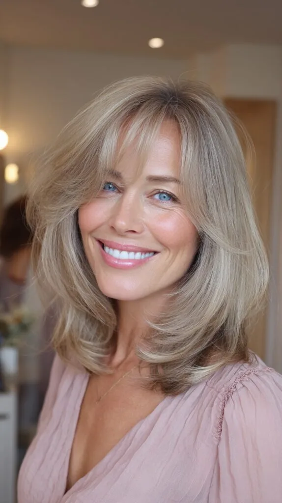 Feathered Shoulder-Length Cut with Long Curtain Bangs and Root Blend