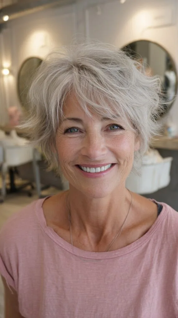Feathered Silver Short Shag with Cowlick-Friendly Crown
