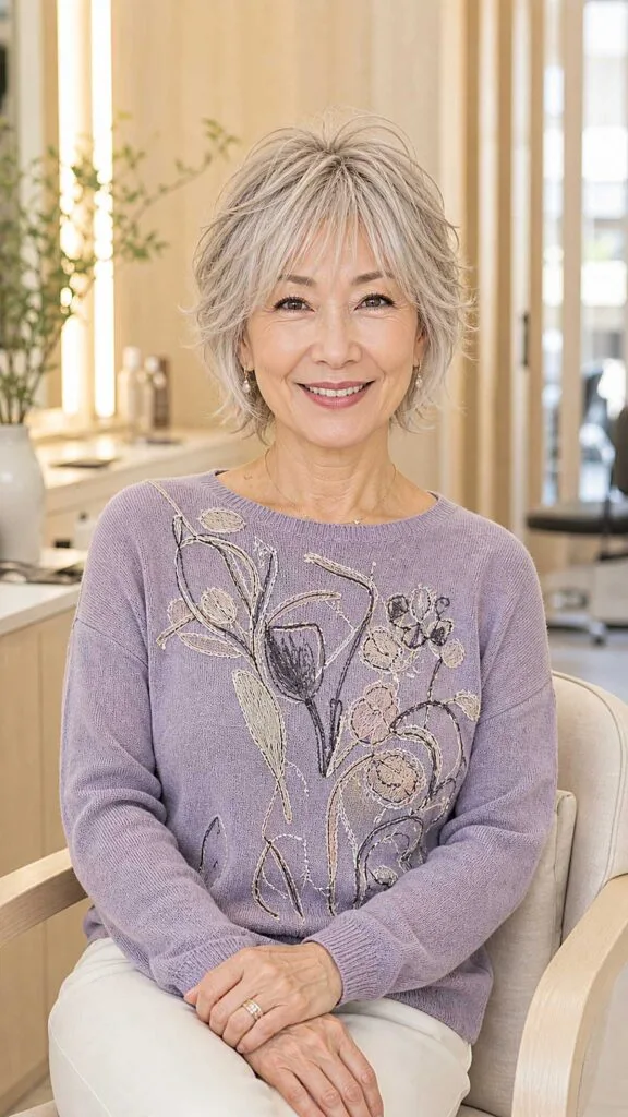 Feathered Silver Wolfcut with Wispy Fringe and Volume