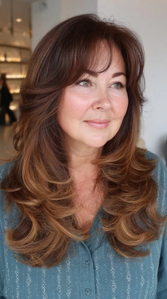 Flowing Brunette Waves with Golden Highlights